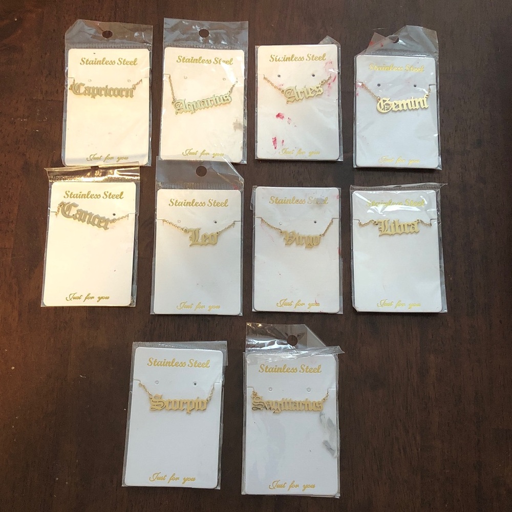 🥤 Choose by Size. Stainless Steel Gold Color Zodiac Nameplate Necklace